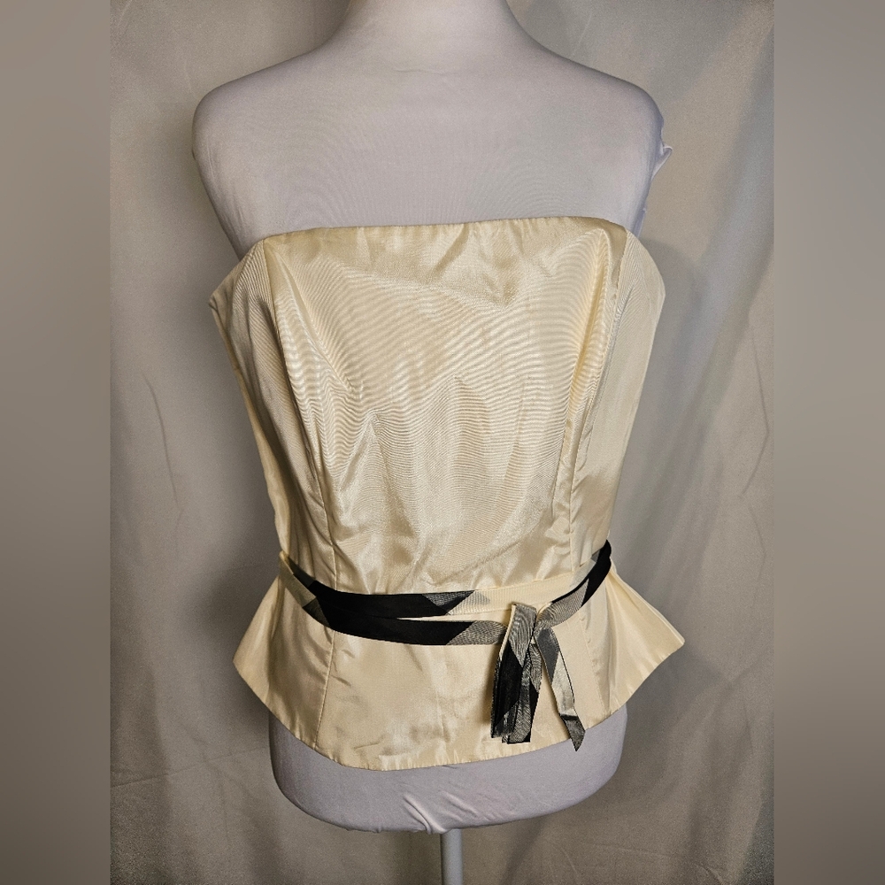 After Six Dressy Strapless Cream Bustier Top Peplum Ribbon Waist Formal Size 10